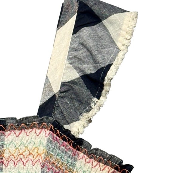 THML Cotton Smocked Bodice Fringe Trim Embroidered Gingham Plaid Sleeveless Top - Picture 5 of 11